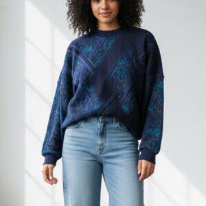 Vintage Italian Suede Leather Patchwork Knit Sweater Blue Mens M 48 Large 90s